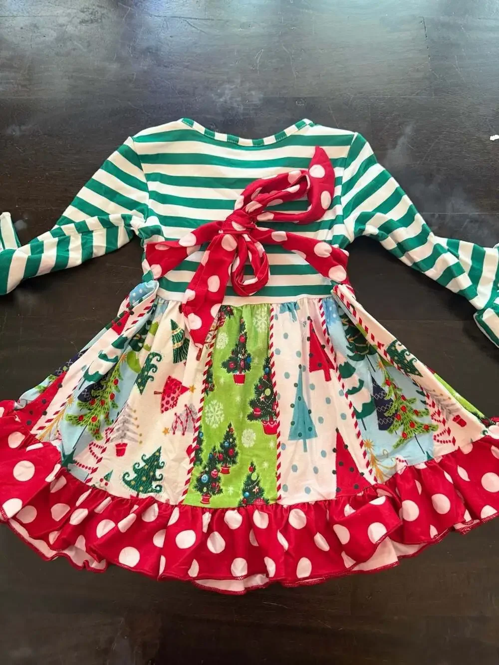 Girls Christmas Tree Patchwork Long Sleeve Ruffle Dress Green Striped Size 18m
